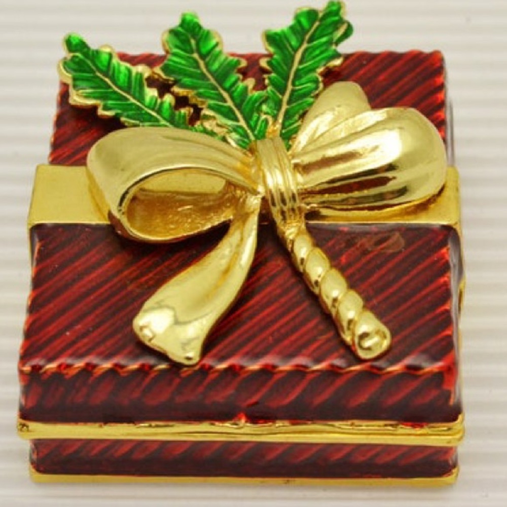 Art Form Fine Collectibles Festive Red and Gold Bow Gift Trinket Box Enamel NIB
